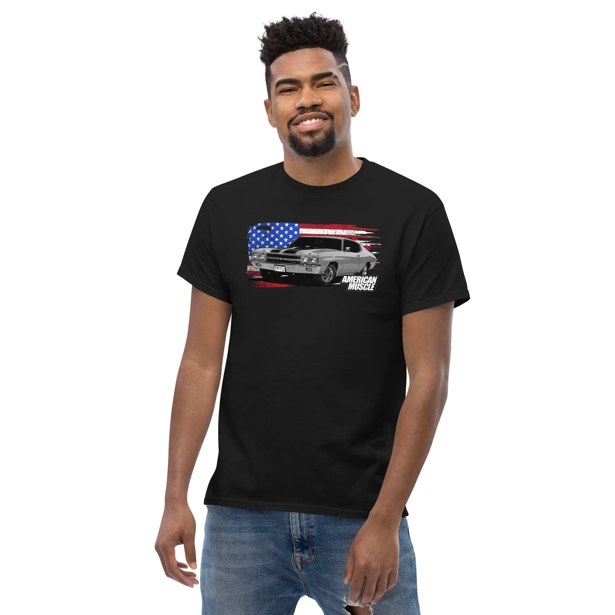 1970 Chevelle Muscle Car T-Shirt With American Flag Design