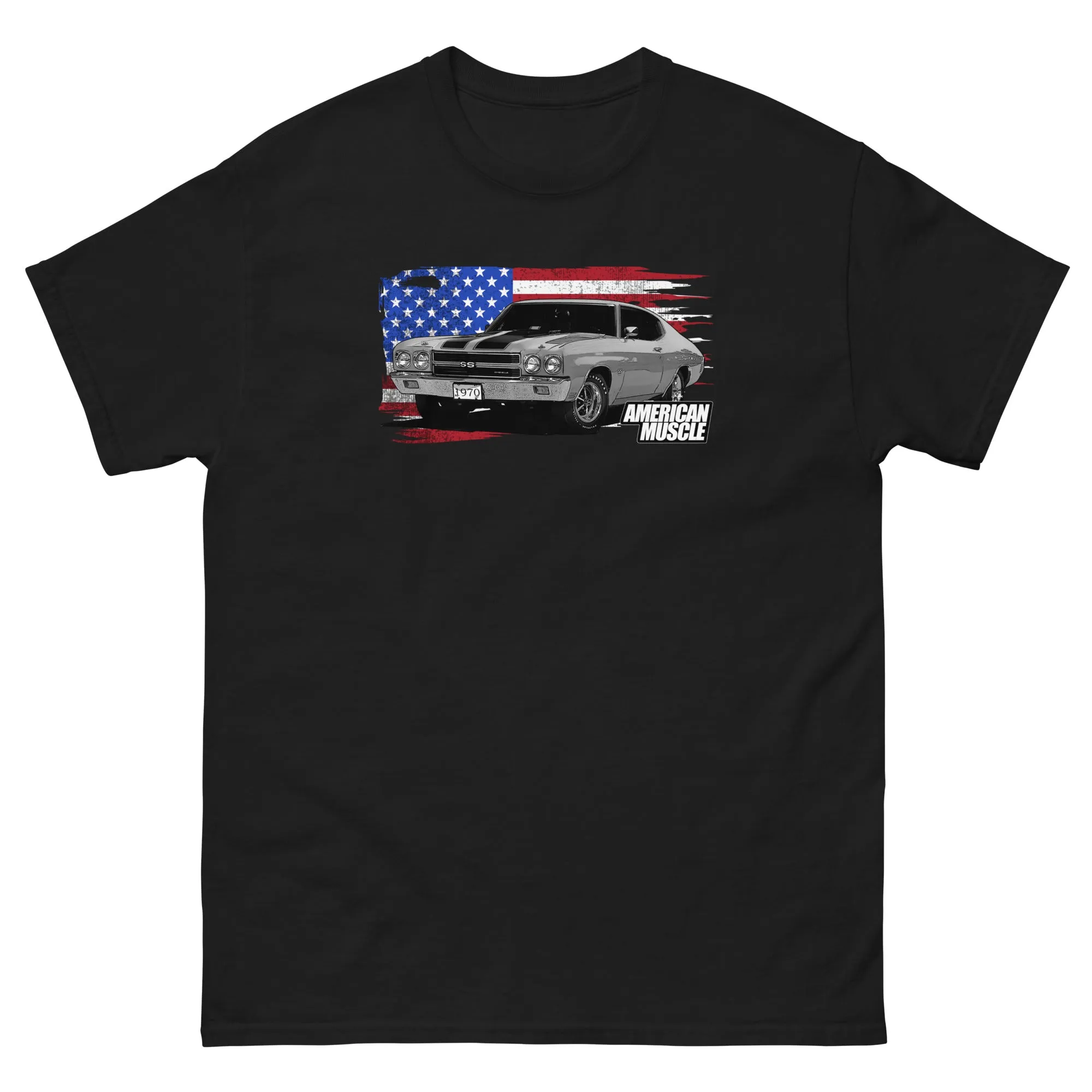 1970 Chevelle Muscle Car T-Shirt With American Flag Design