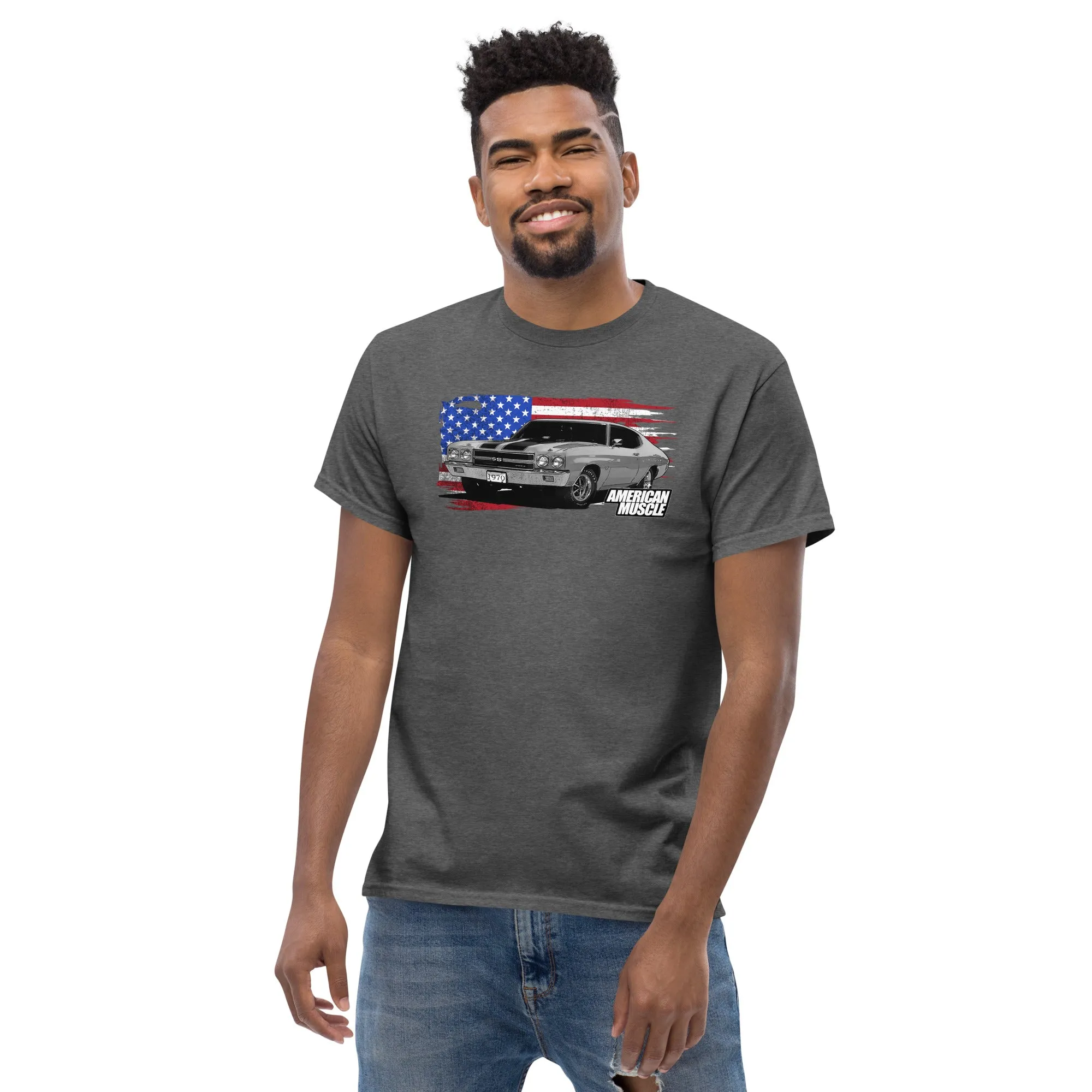 1970 Chevelle Muscle Car T-Shirt With American Flag Design