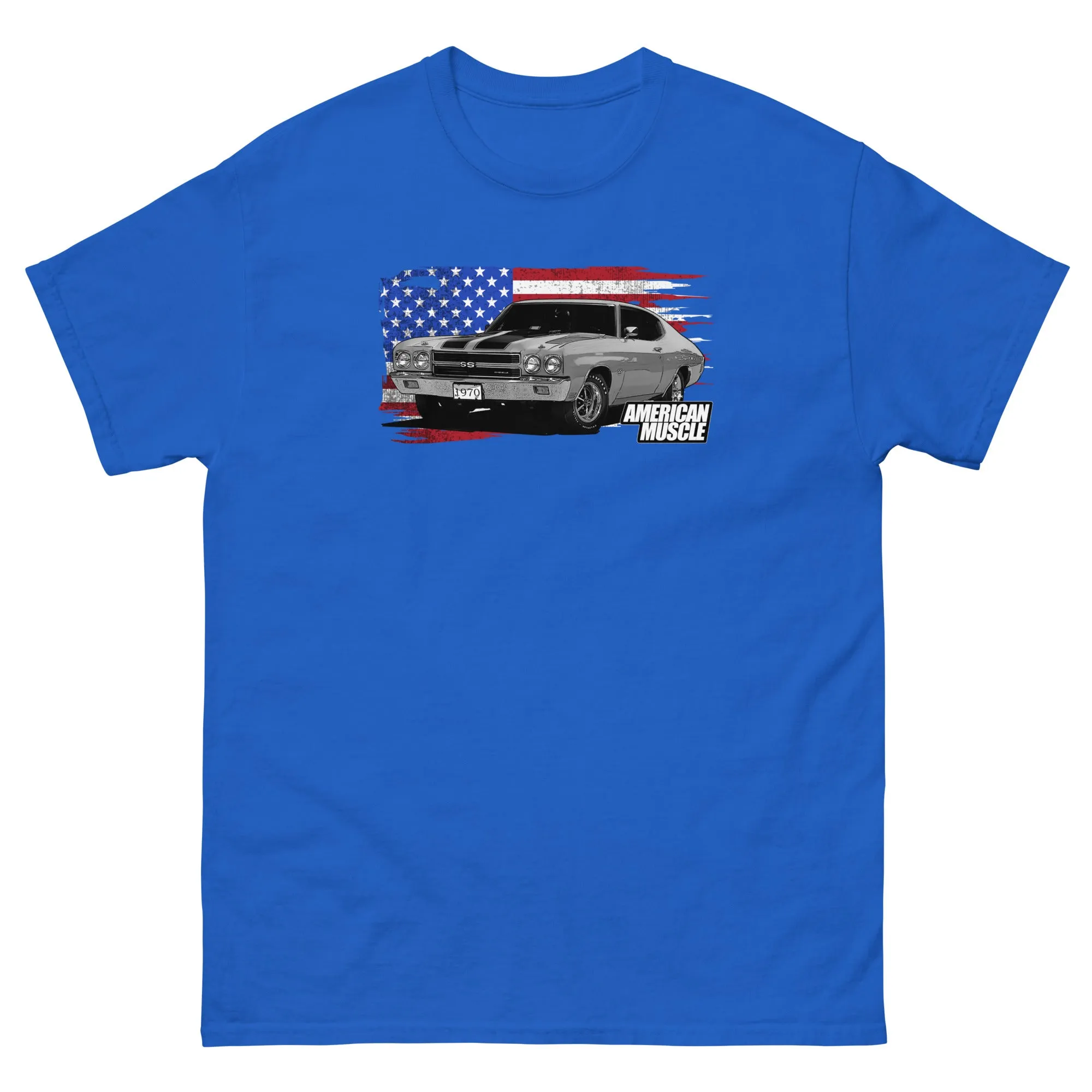 1970 Chevelle Muscle Car T-Shirt With American Flag Design