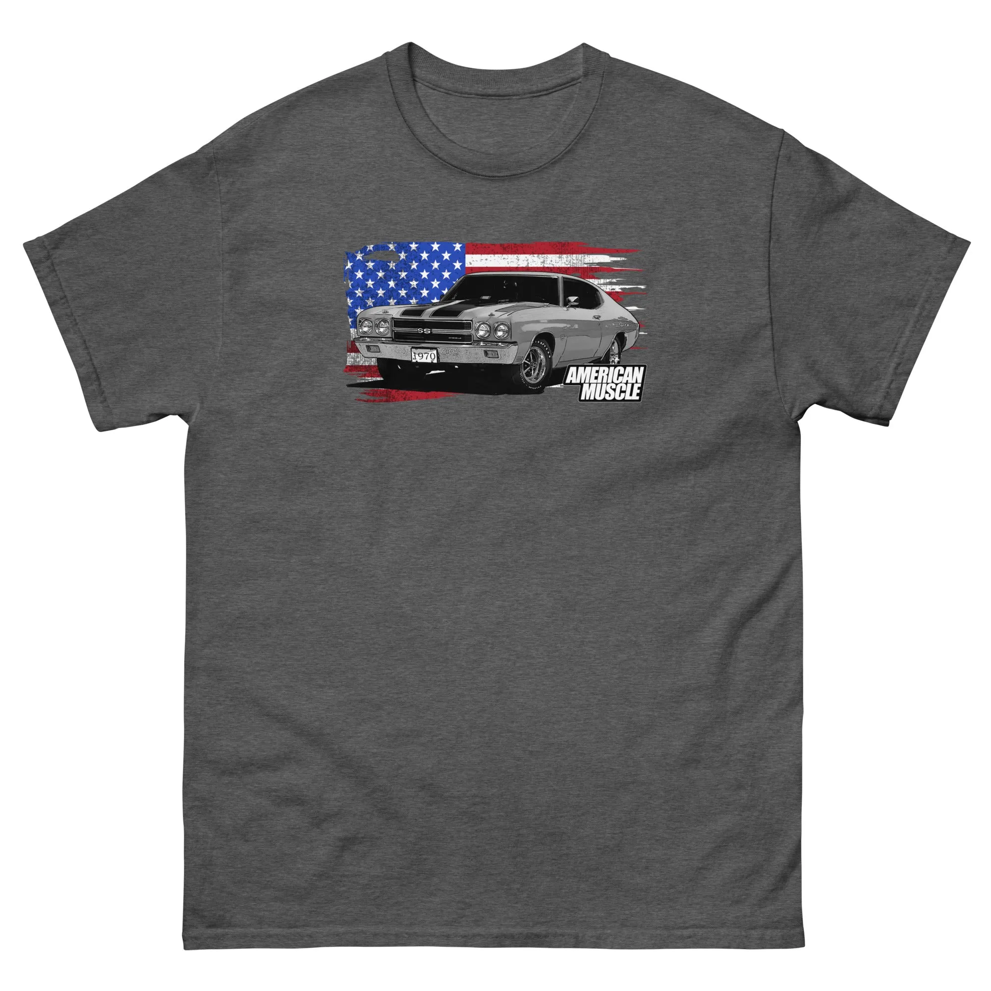 1970 Chevelle Muscle Car T-Shirt With American Flag Design