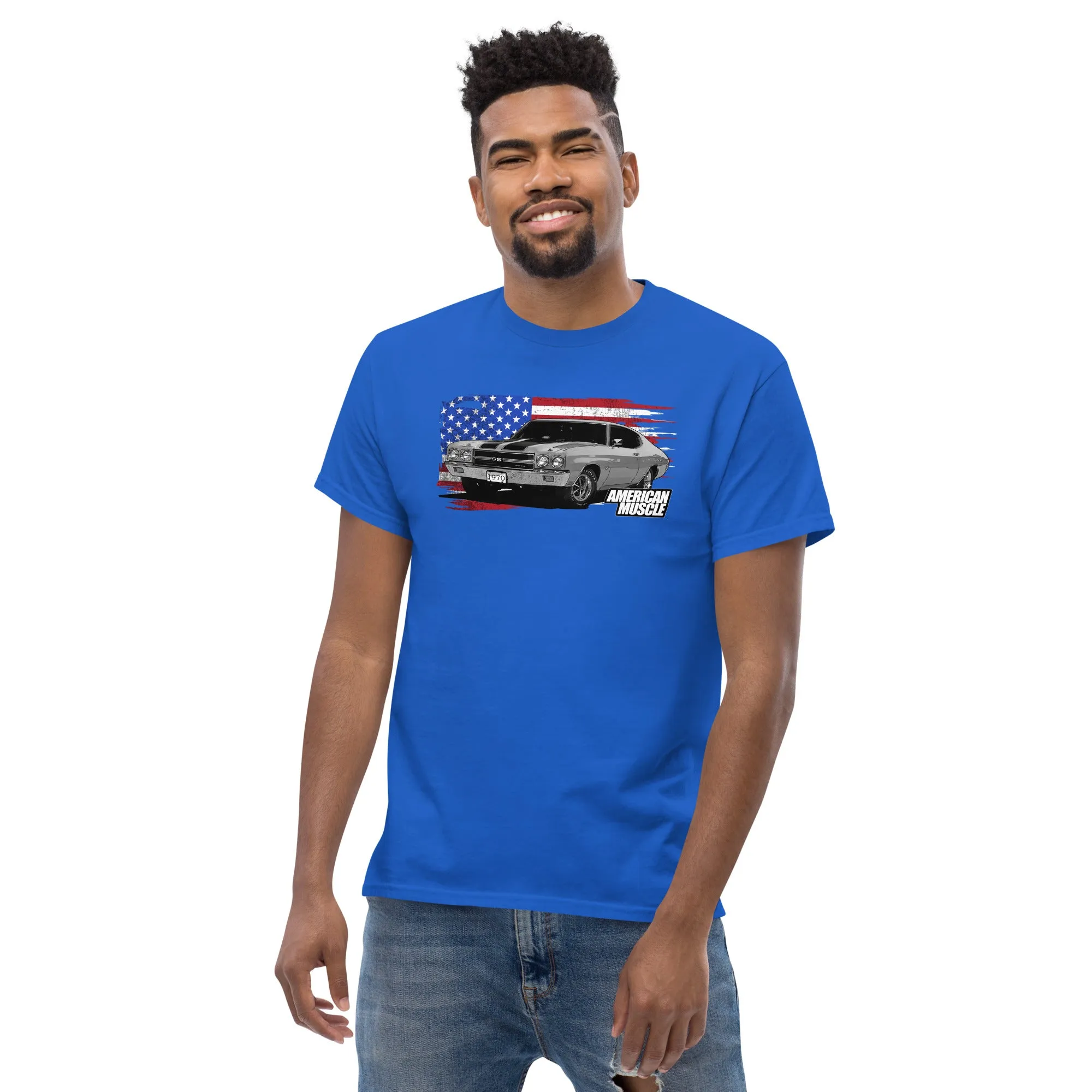 1970 Chevelle Muscle Car T-Shirt With American Flag Design