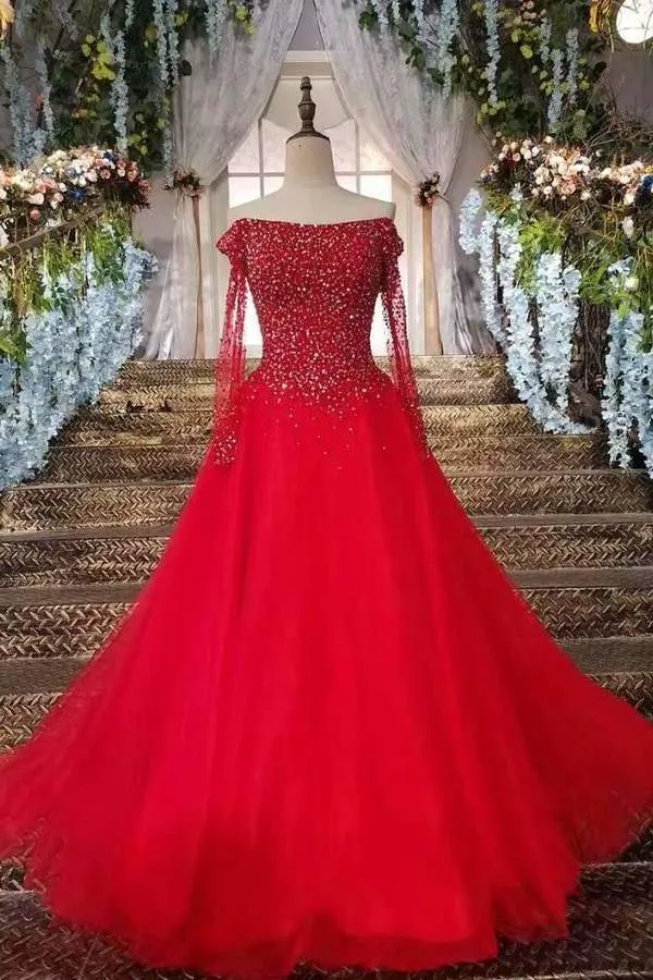 2024 Boat Neck A-Line Red Prom Dresses Tulle Lace Up With Appliques And Bow Knot Beaded Bodice PR12D19S