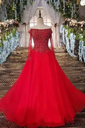 2024 Boat Neck A-Line Red Prom Dresses Tulle Lace Up With Appliques And Bow Knot Beaded Bodice PR12D19S