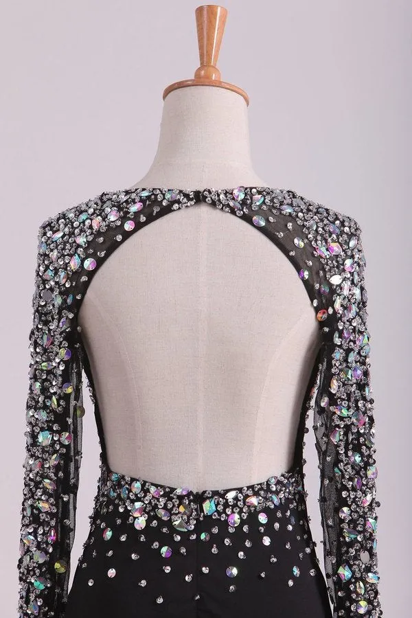 2024 Open Back Long Sleeves With Beading And Slit Prom Dresses Sweep Train P2ZXHL4Y