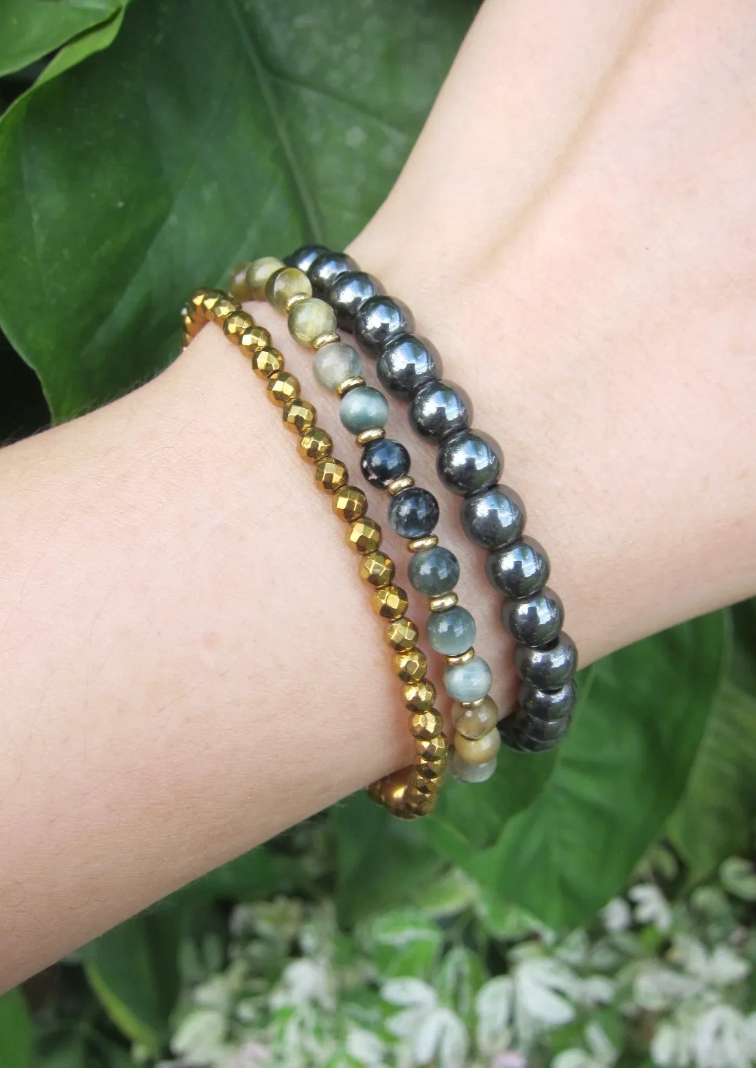 3 pc set - Honey Mustard Tiger Eye, Gunmetal, Gold Hematite Bracelet