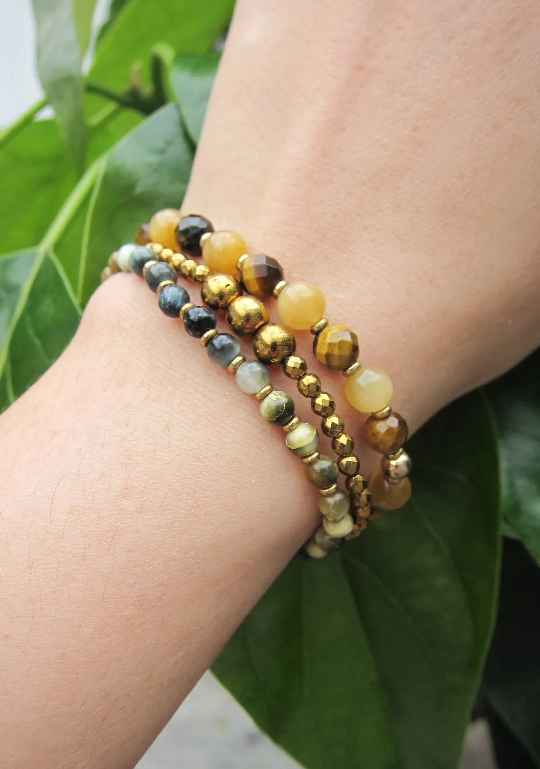 3 pc set - Honey Mustard Tiger Eye, Gunmetal, Gold Hematite Bracelet