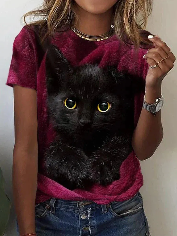 3D Cat Print Women's T-shirt in Red and Blue