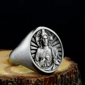 925 Silver Jesus Christ Oval Signet Men's Ring, Religious Sacred Heart Jewelry