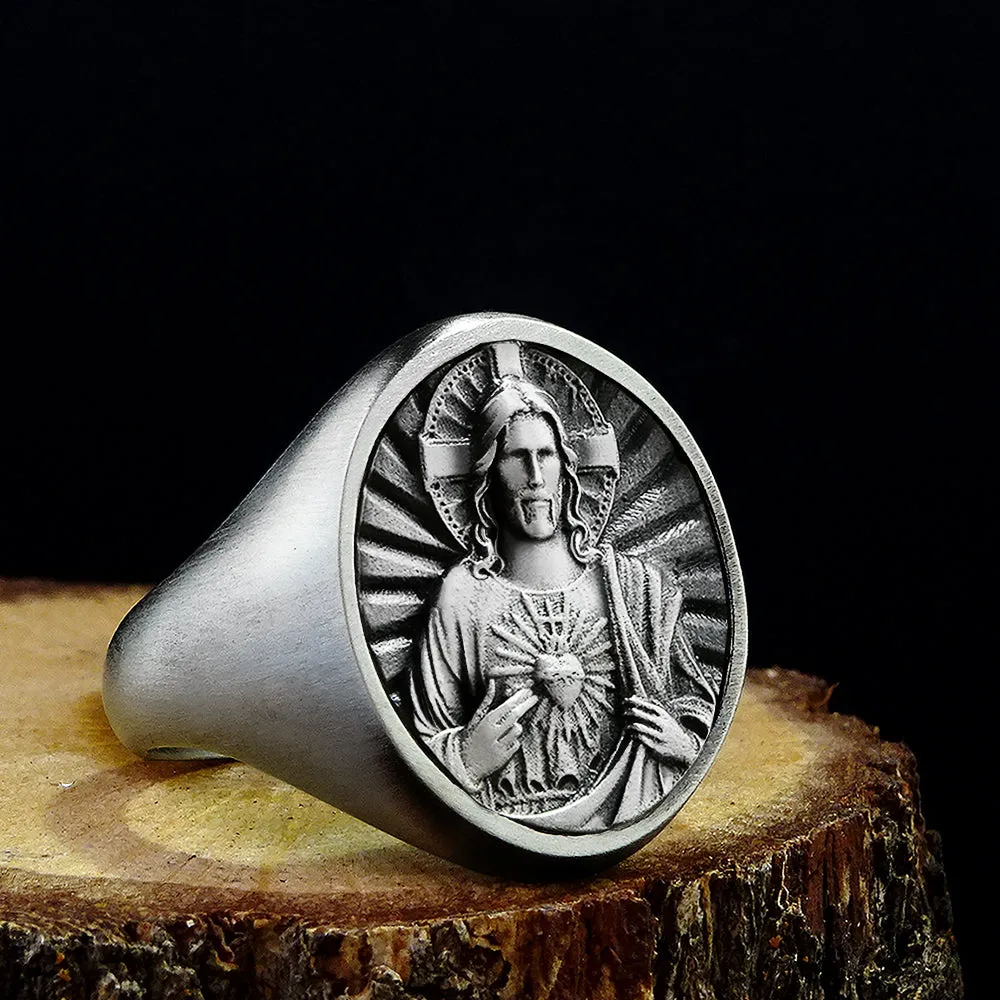 925 Silver Jesus Christ Oval Signet Men's Ring, Religious Sacred Heart Jewelry