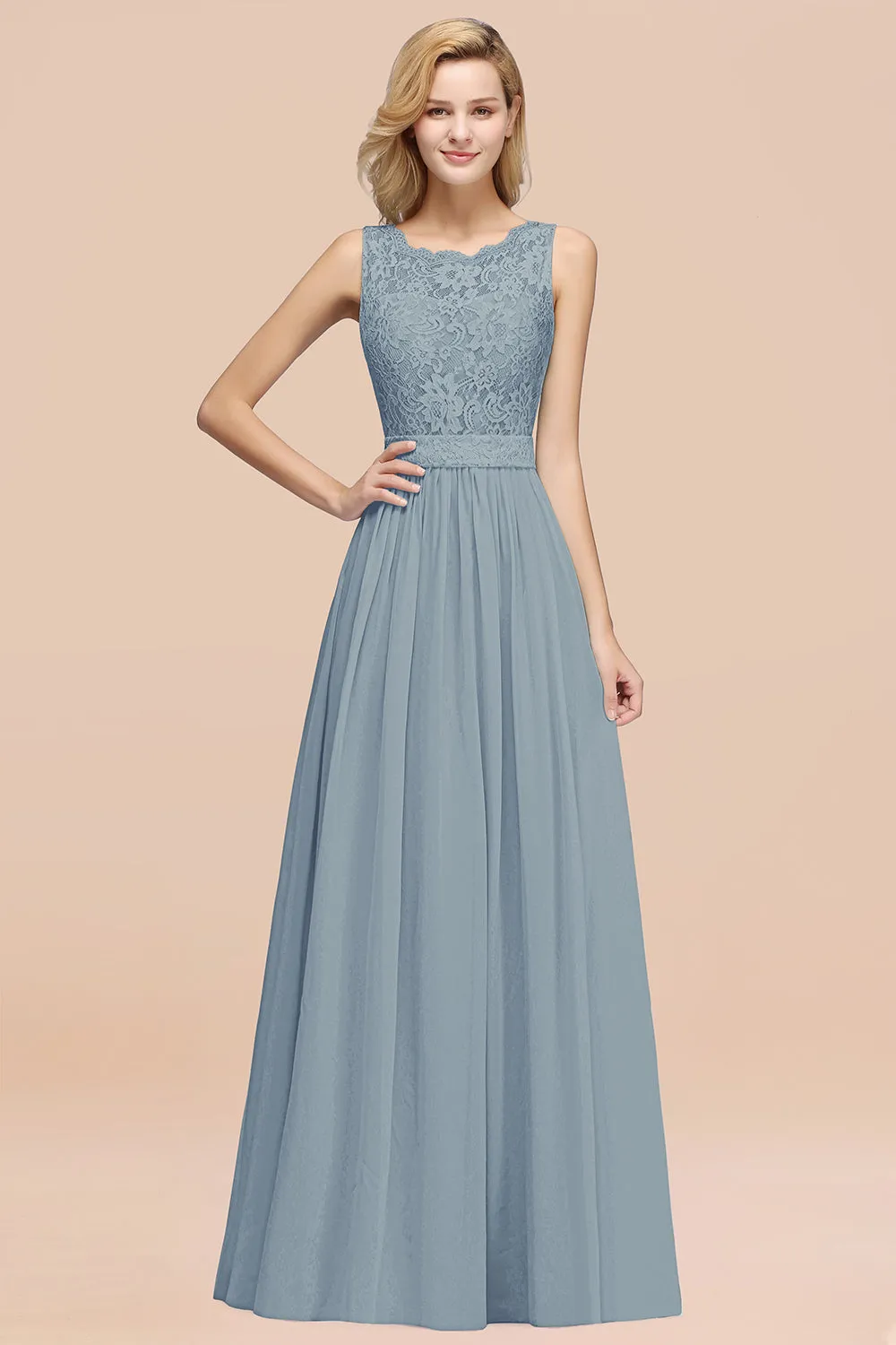 A-Line Lace Scalloped Chiffon Long Bridesmaid Dress with Ruffles