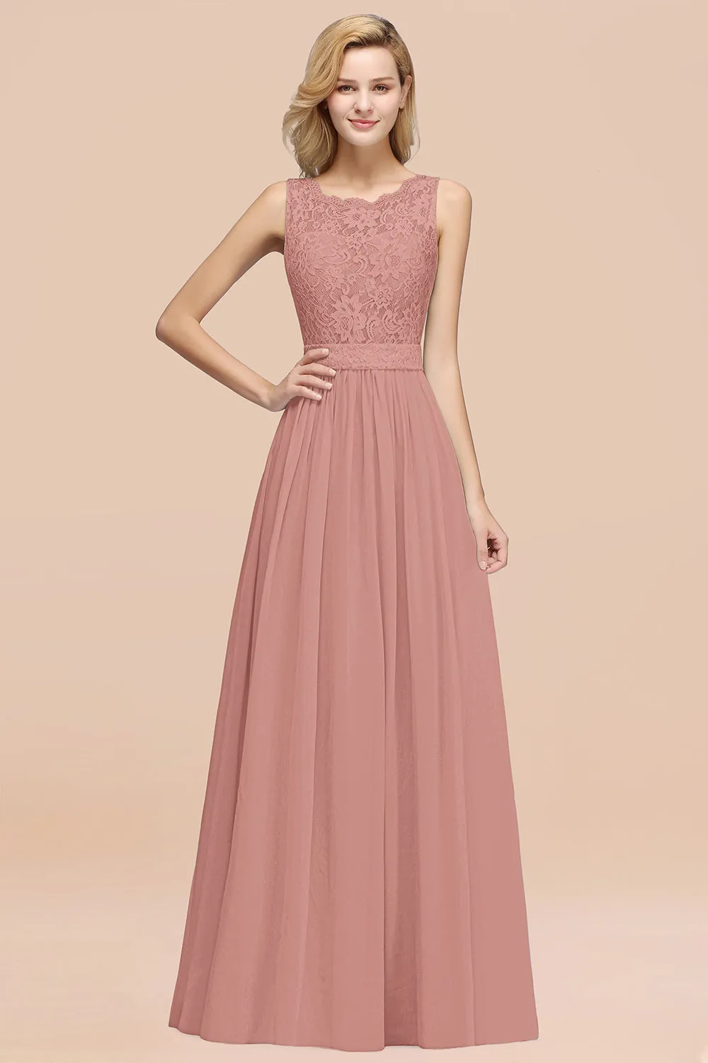 A-Line Lace Scalloped Chiffon Long Bridesmaid Dress with Ruffles