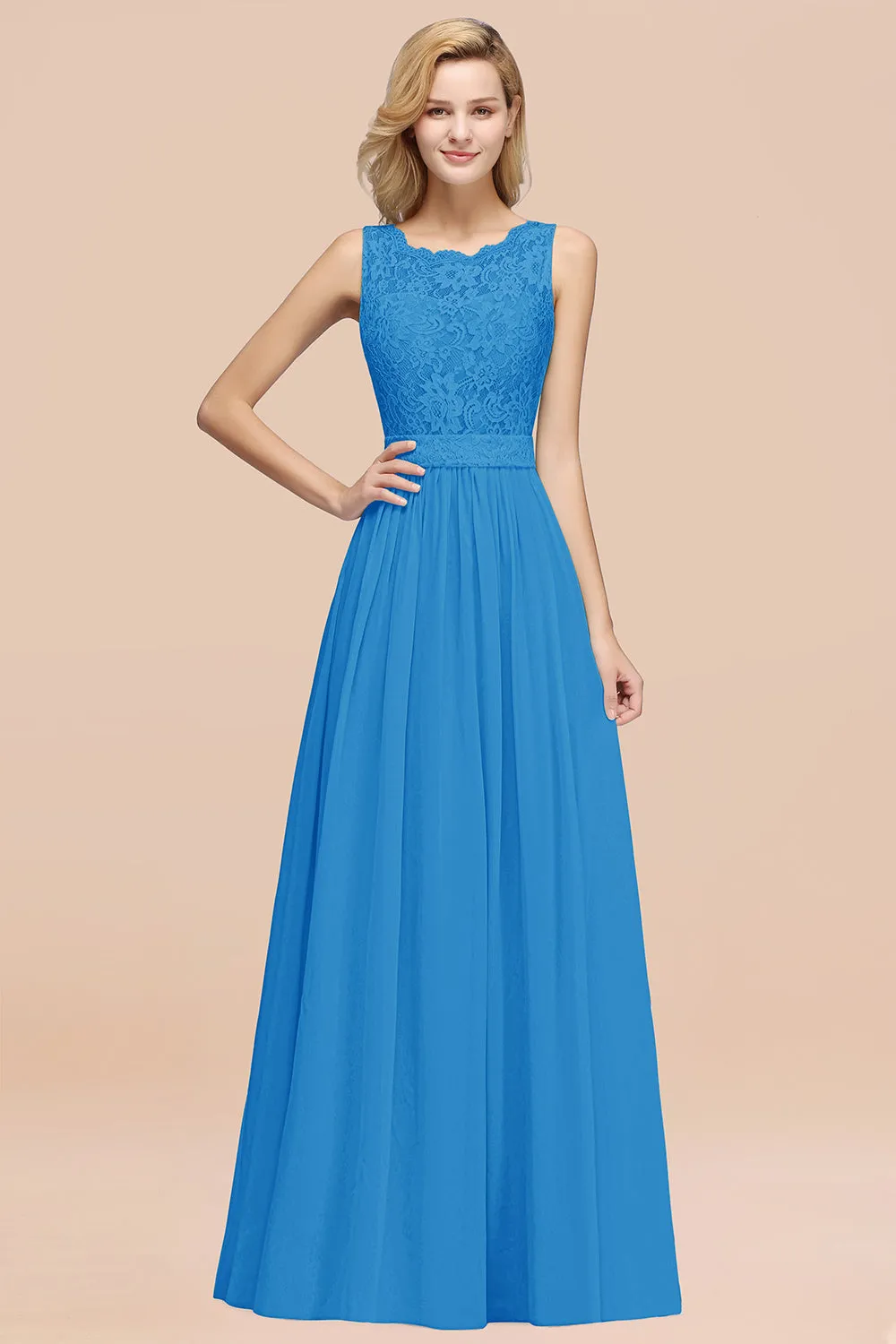 A-Line Lace Scalloped Chiffon Long Bridesmaid Dress with Ruffles