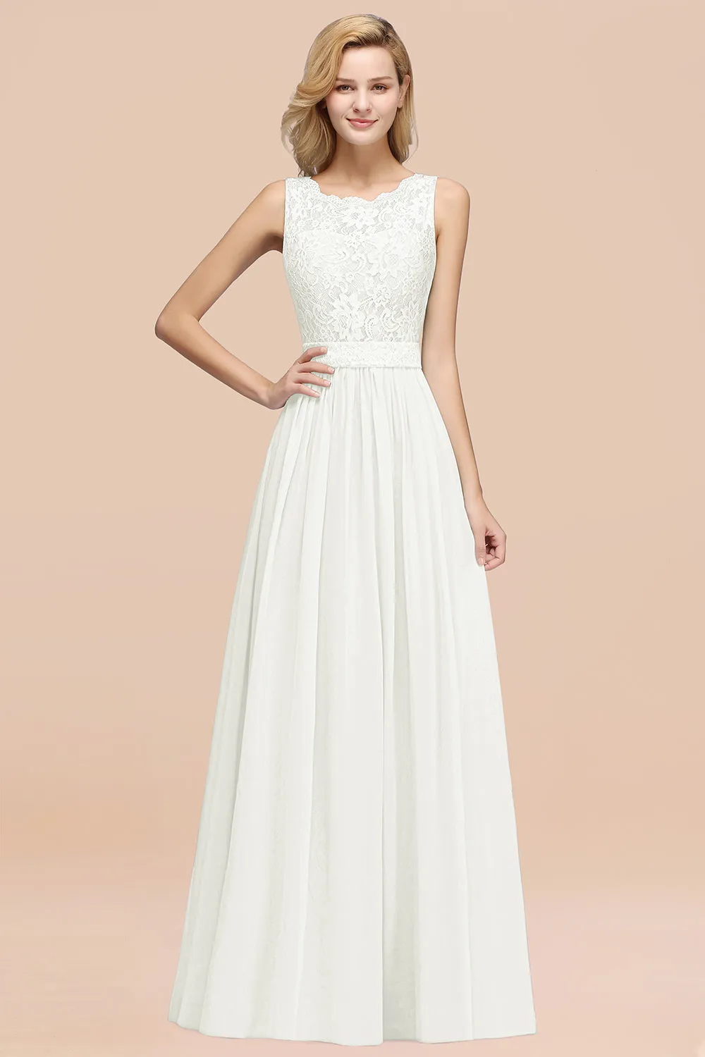 A-Line Lace Scalloped Chiffon Long Bridesmaid Dress with Ruffles