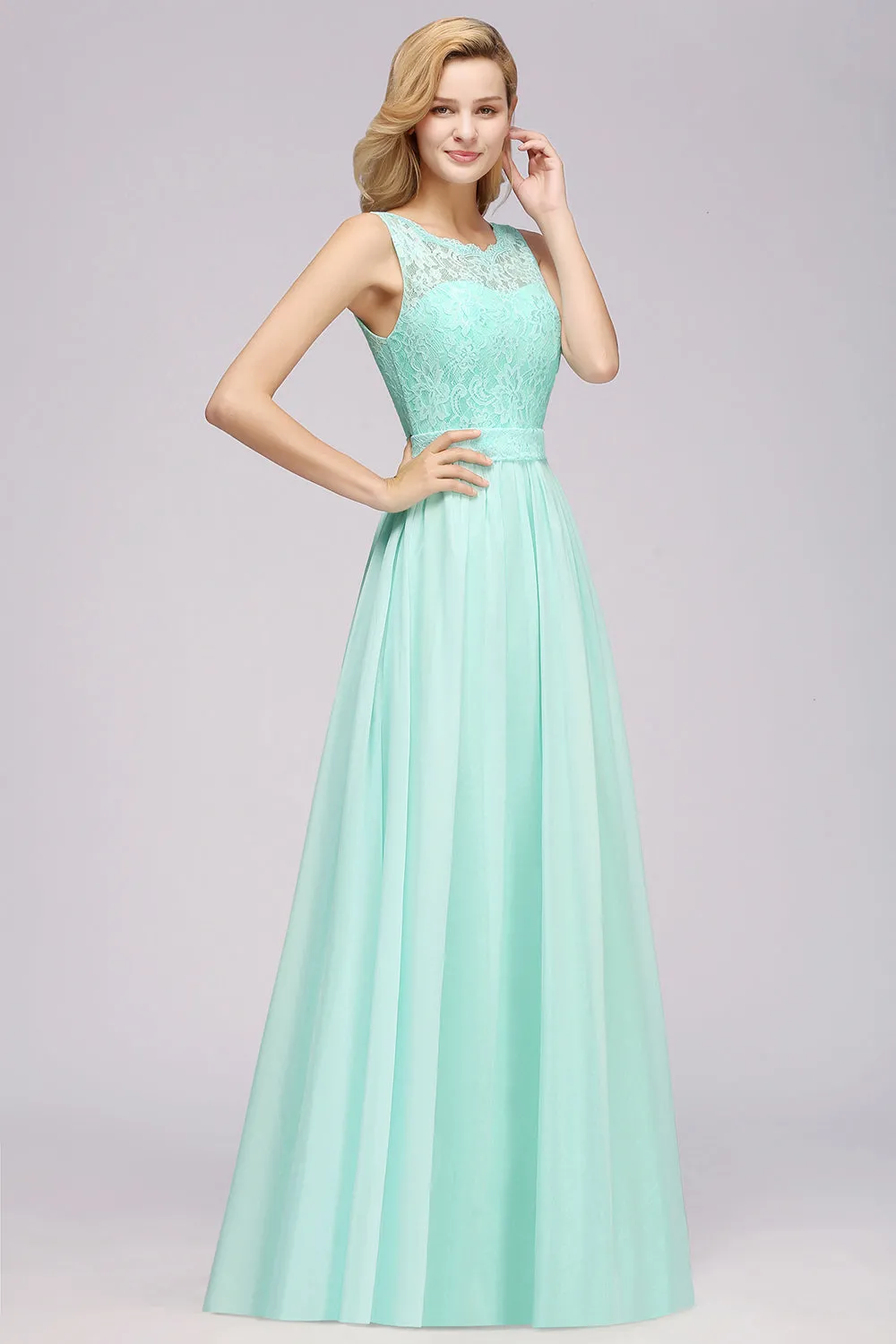 A-Line Lace Scalloped Chiffon Long Bridesmaid Dress with Ruffles