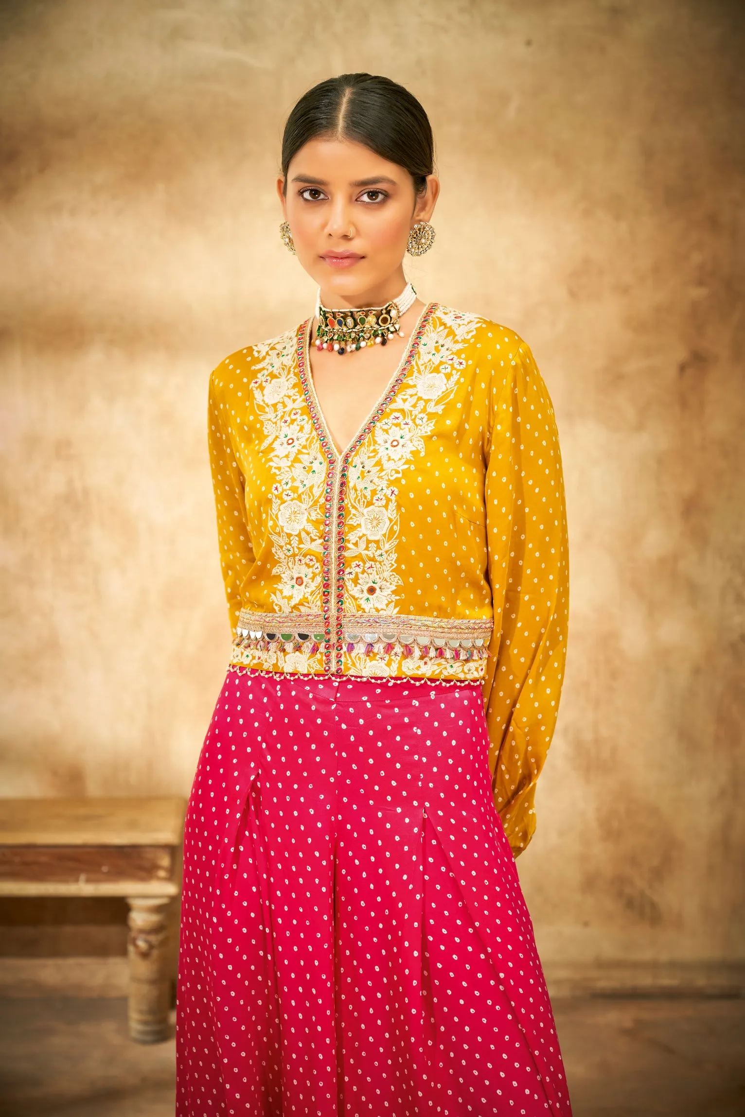 Aditi Somani's Beautiful Mustard bandhej crop top with pants  - Rent