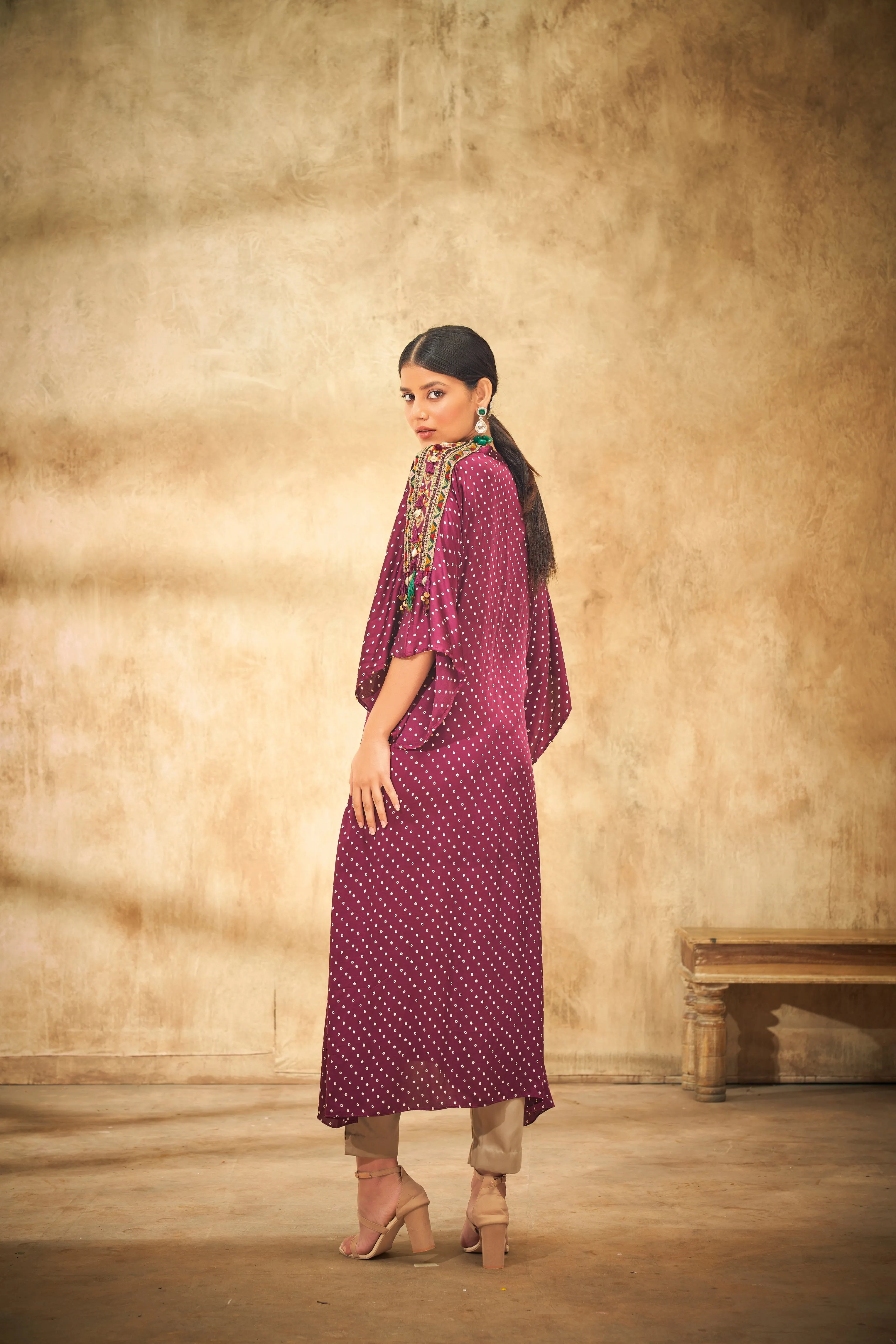 Aditi Somani's Classy Wine bandhej kaftan with knot - Rent