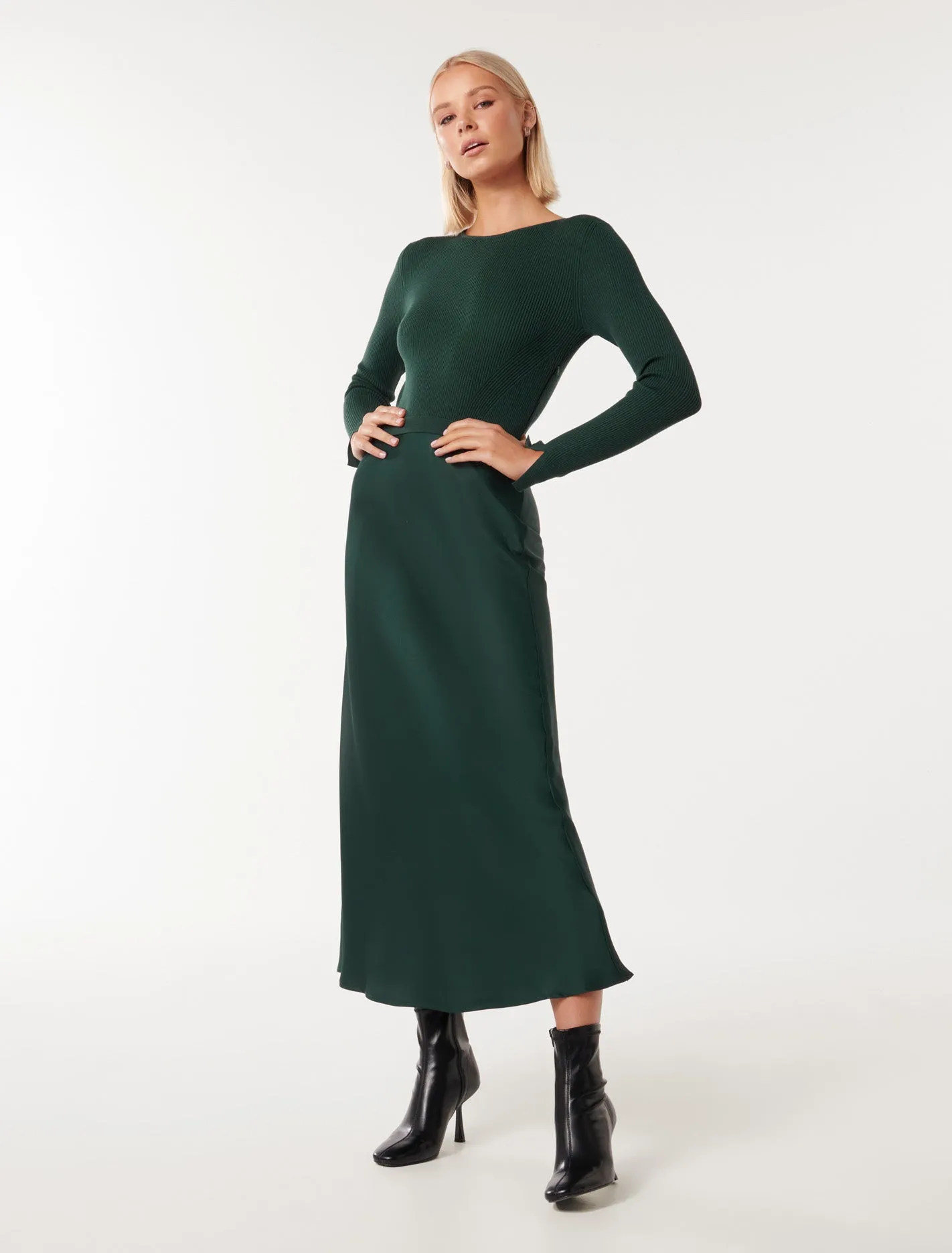 Alicia Long Sleeve Satin Mix Knit Dress