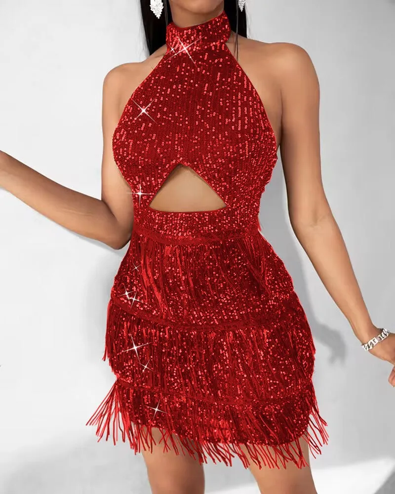 Allover Sequin Tassel Design Party Dress