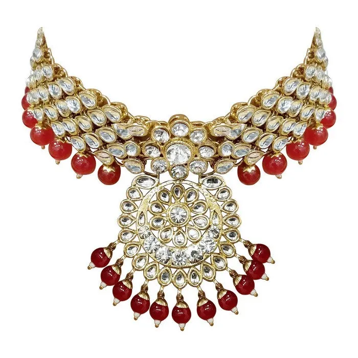 Alloy Necklace with Earrings and Maang Tikka in Red