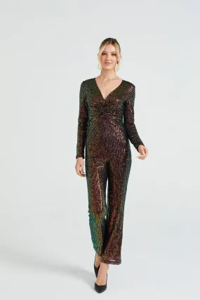 Angeleye Multi Sequin Front Knot Long Sleeves Jumpsuit