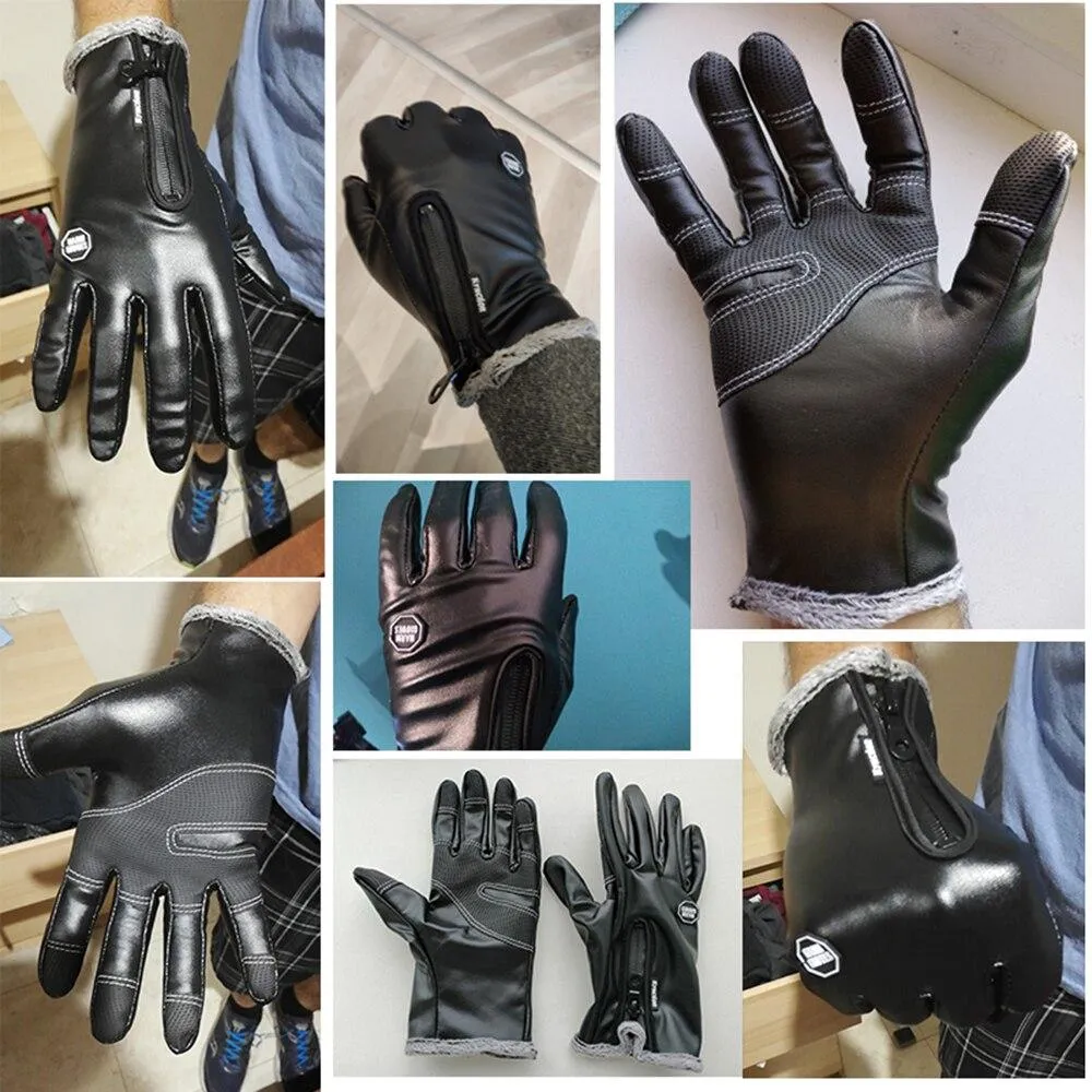 Autumn Winter Men Touch Screen Leather Gloves Waterproof Ladies Fashion Cool Black Velvet Warm Outdoor Windproof Non-Slip Gloves