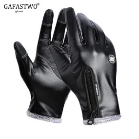 Autumn Winter Men Touch Screen Leather Gloves Waterproof Ladies Fashion Cool Black Velvet Warm Outdoor Windproof Non-Slip Gloves