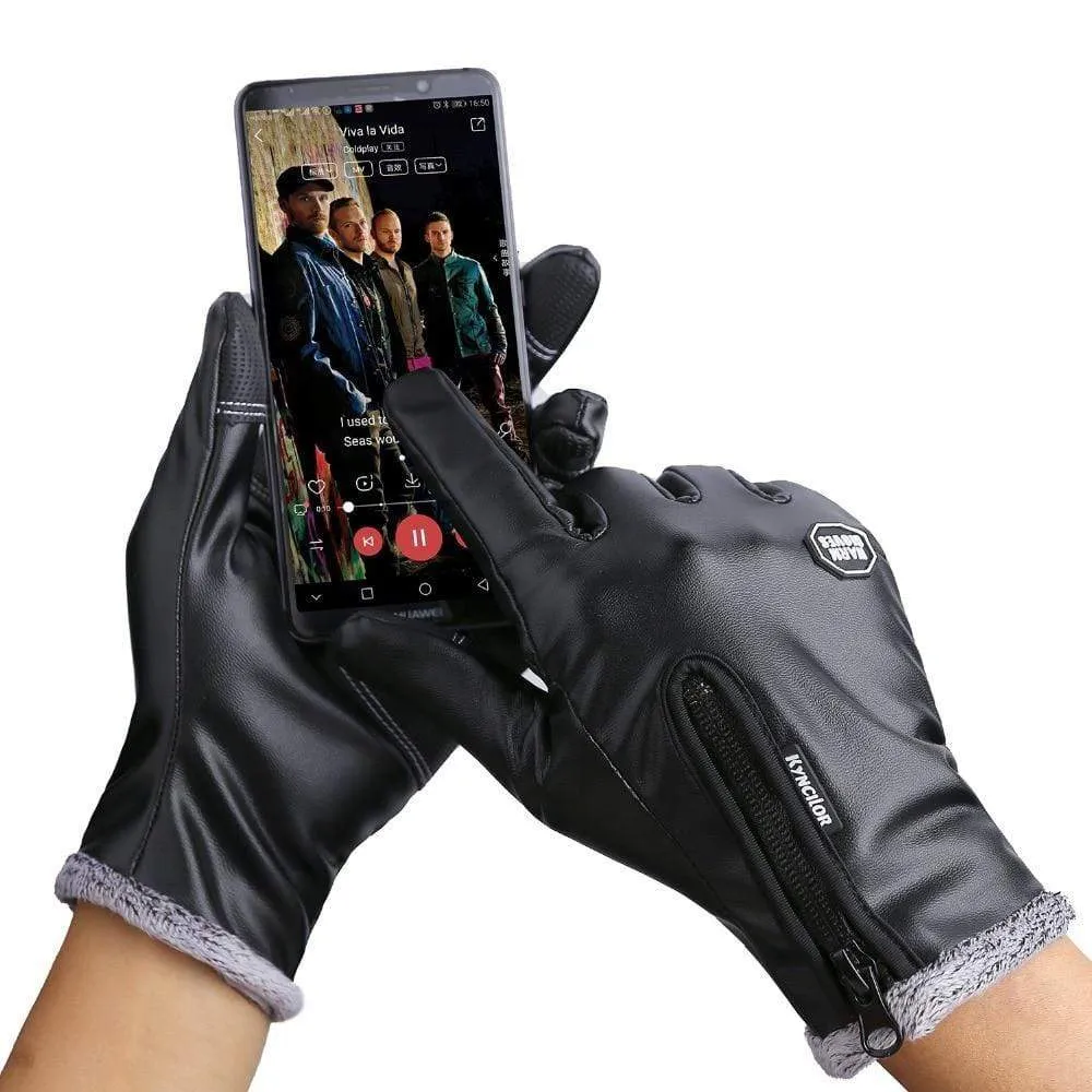 Autumn Winter Men Touch Screen Leather Gloves Waterproof Ladies Fashion Cool Black Velvet Warm Outdoor Windproof Non-Slip Gloves