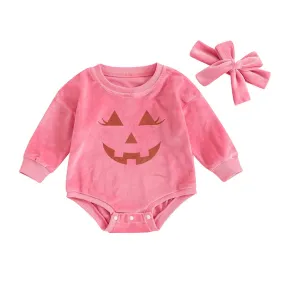 Baby Girls Halloween Pink Velour Onesie Romper with Headband