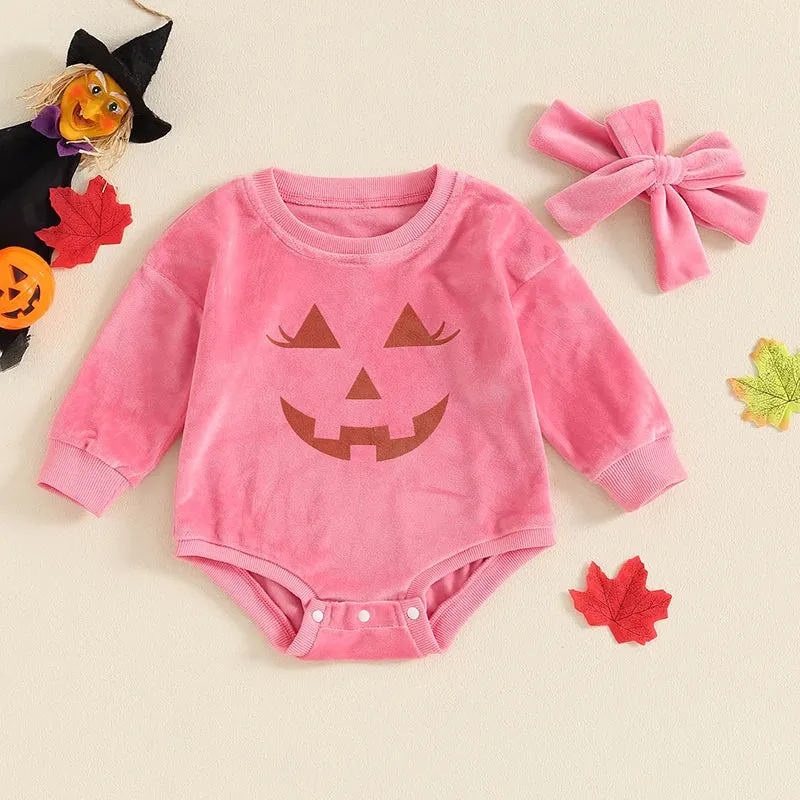 Baby Girls Halloween Pink Velour Onesie Romper with Headband