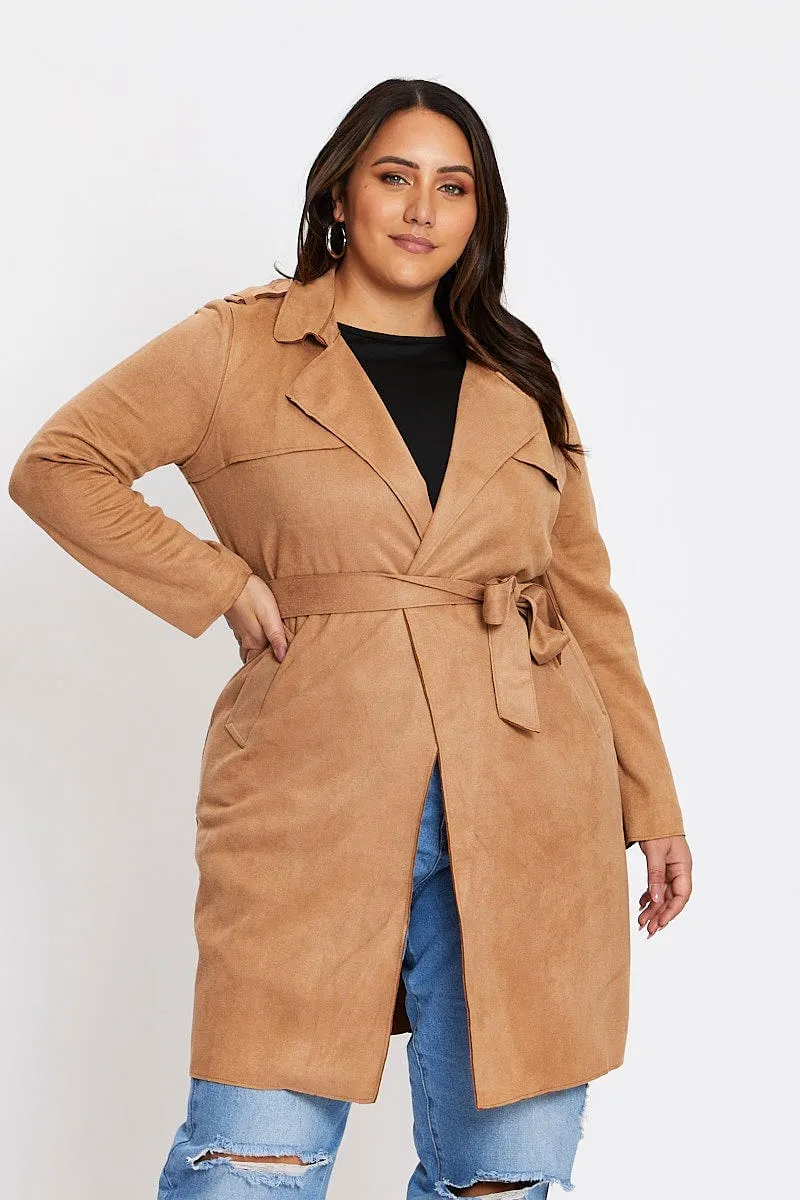 Beige Long Sleeve Suedette Draped Trench Coat