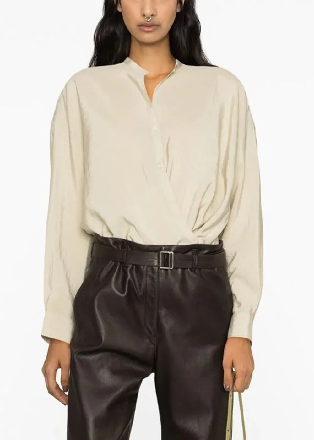 Beige Officer Collar Asymmetric Shirt