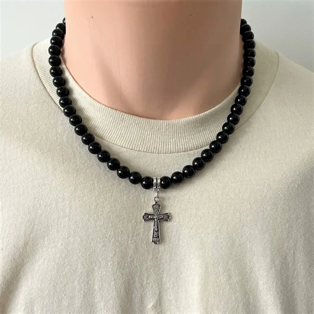 Black Onyx and Silver Cross Mens Beaded Necklace