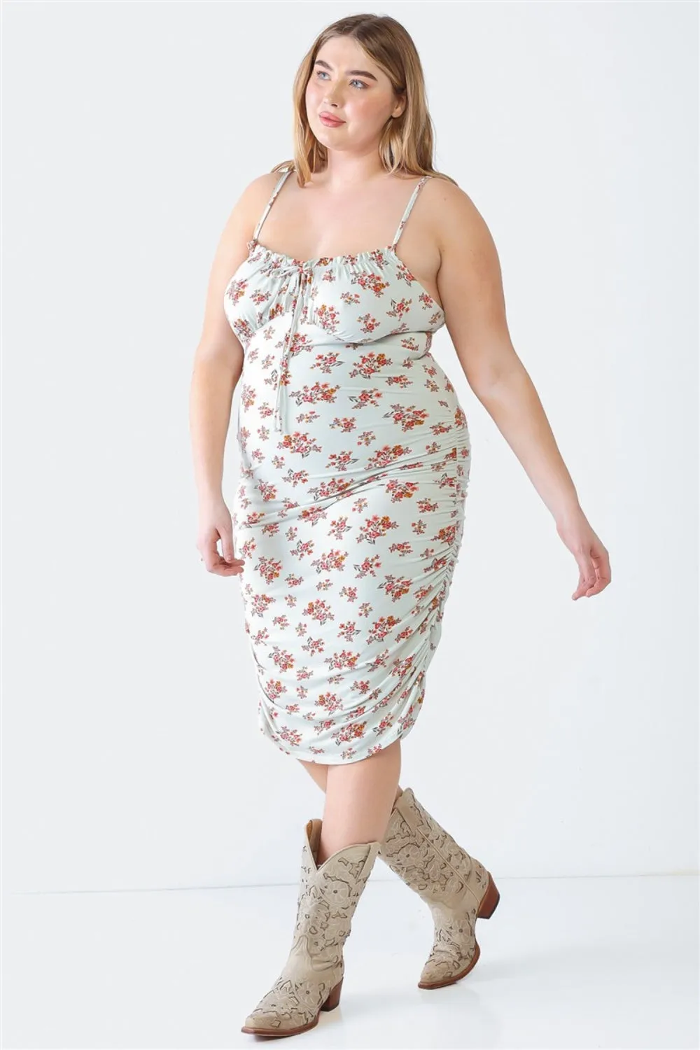 Blue Leopard Plus Size Milkmaid Dress Outfit for Women - Ruched Floral Square Neck Cami Dress Perfect for Summer Fashion