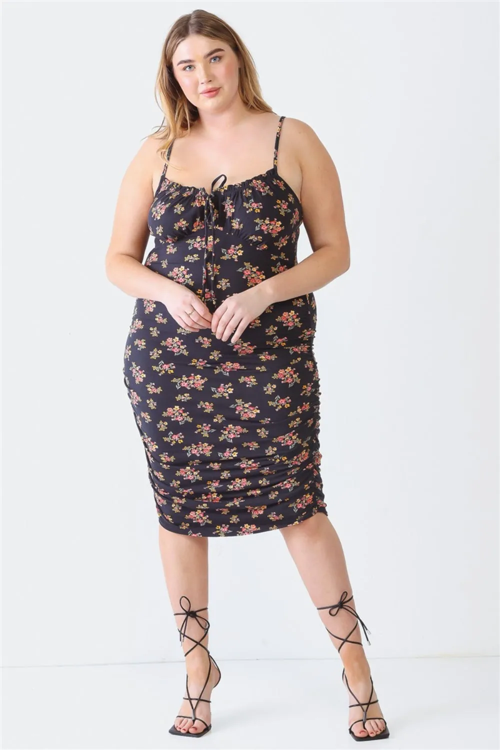 Blue Leopard Plus Size Milkmaid Dress Outfit for Women - Ruched Floral Square Neck Cami Dress Perfect for Summer Fashion