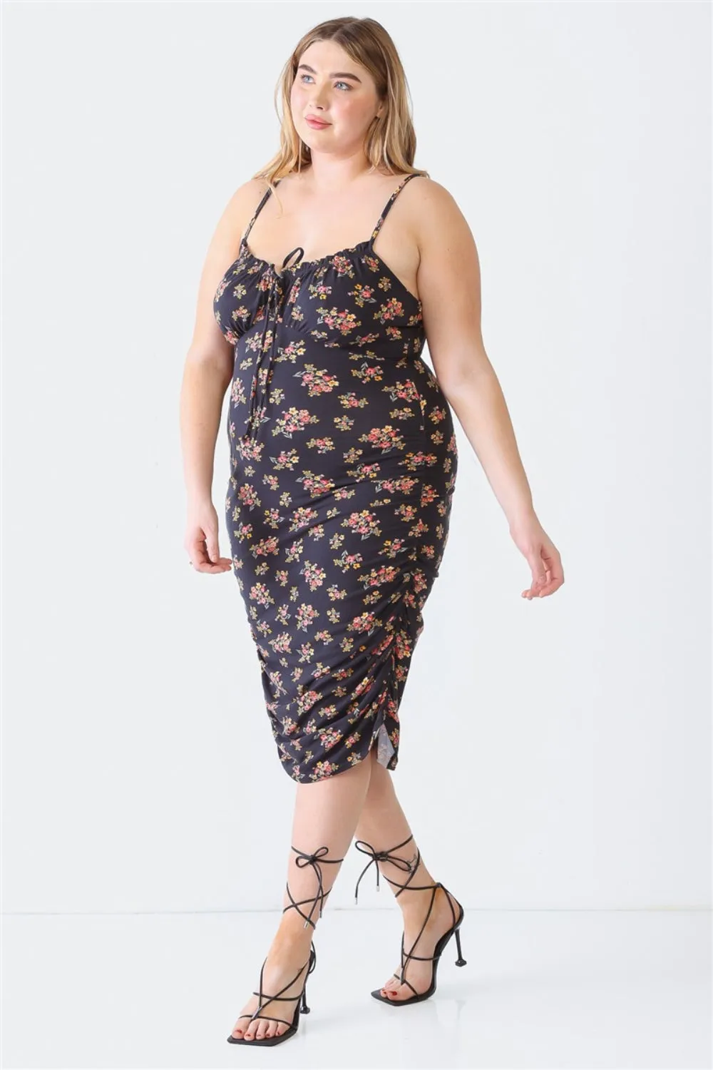 Blue Leopard Plus Size Milkmaid Dress Outfit for Women - Ruched Floral Square Neck Cami Dress Perfect for Summer Fashion