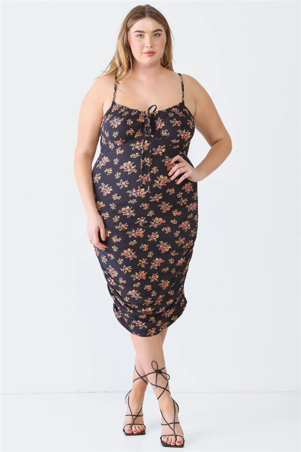 Blue Leopard Plus Size Milkmaid Dress Outfit for Women - Ruched Floral Square Neck Cami Dress Perfect for Summer Fashion