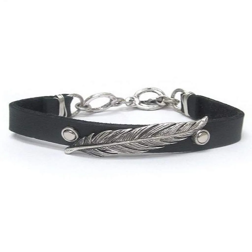 Boho Silver Feather Black Bracelet