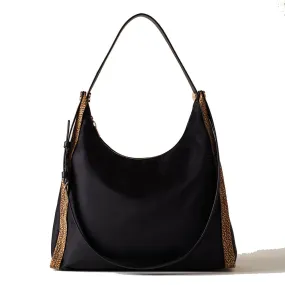 Borsa Donna Hobo Media BORBONESE linea New Orbit in Nylon Nero e Inserti in Camoscio OP Naturale