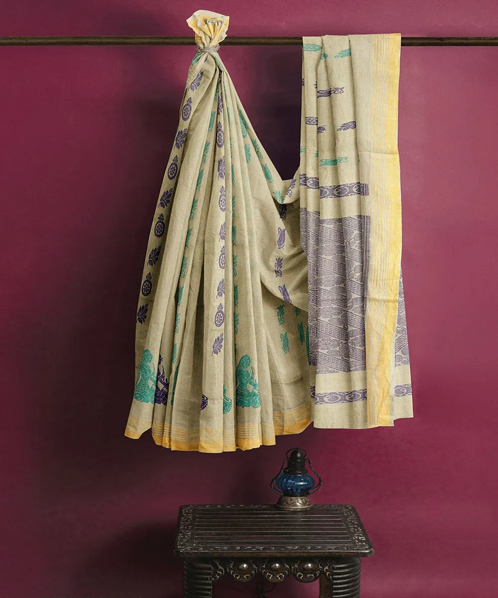 Brown blue plain butta handwoven rajahmundry cotton saree