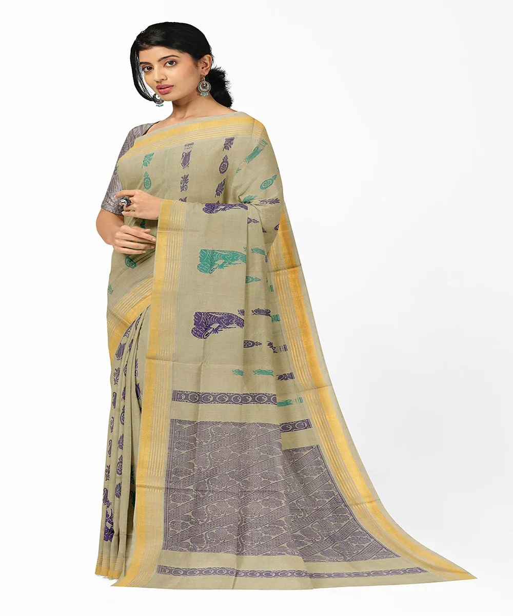 Brown blue plain butta handwoven rajahmundry cotton saree