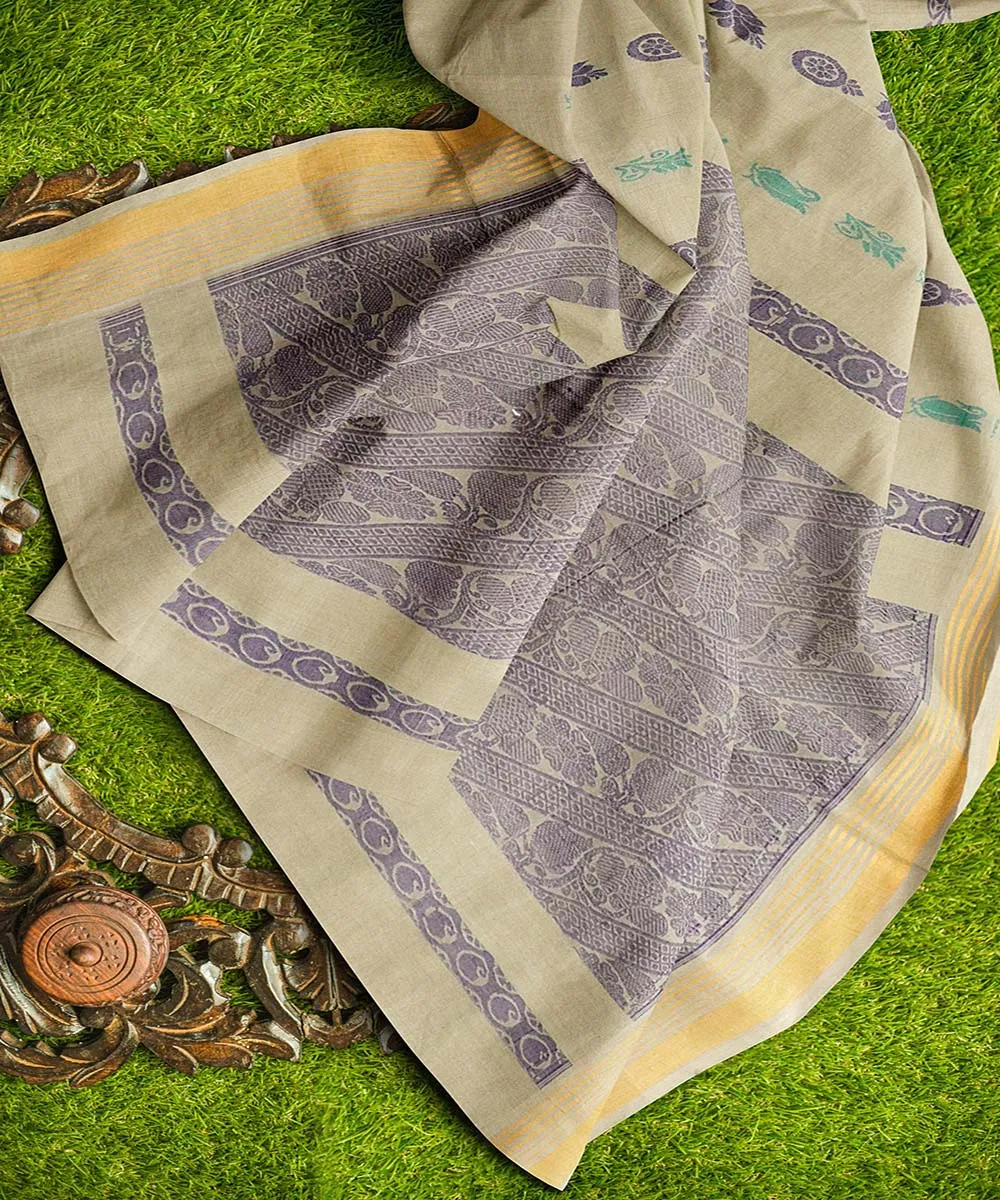 Brown blue plain butta handwoven rajahmundry cotton saree