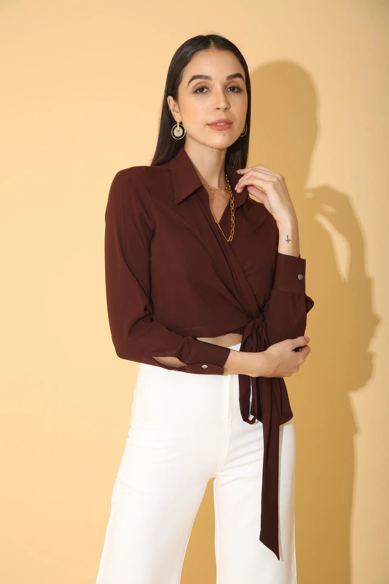 Brown Overlap Crop Shirt