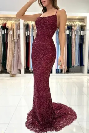 Burgundy Long Mermaid Sequined Backless Formal Prom Dresses