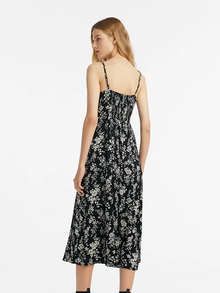 Camellia Printed Spaghetti Strap Women Midi Dress