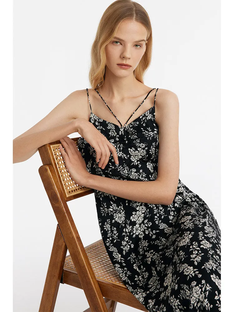 Camellia Printed Spaghetti Strap Women Midi Dress