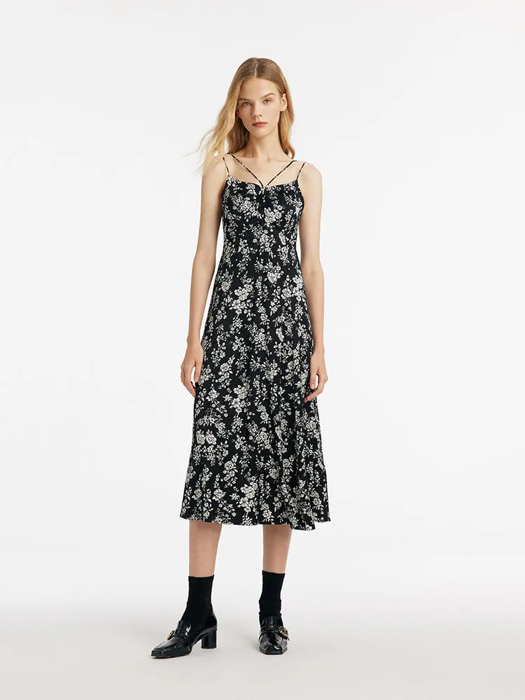 Camellia Printed Spaghetti Strap Women Midi Dress