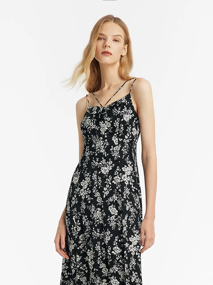 Camellia Printed Spaghetti Strap Women Midi Dress