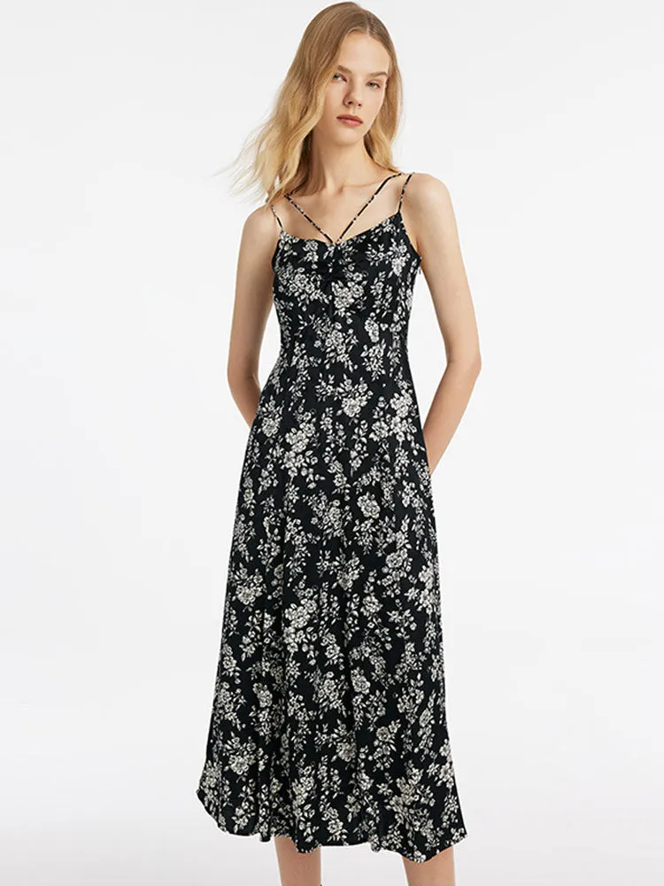 Camellia Printed Spaghetti Strap Women Midi Dress