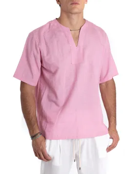 Camicia Uomo Casacca Manica Corta Scollo V Lino Casual Tinta Unita Rosa GIOSAL-CC1149A